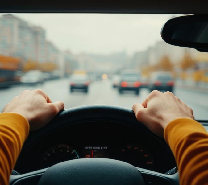 Vison d'un homme avec ses deux mains posé sur le volant d'une voiture. La scène se passe en ville Vison d'un homme avec ses deux mains posé sur le volant d'une voiture. La scène se passe en ville Vision d'un homme avec ses deux mains posé sur le volant d'une voiture. La scène se passe en ville